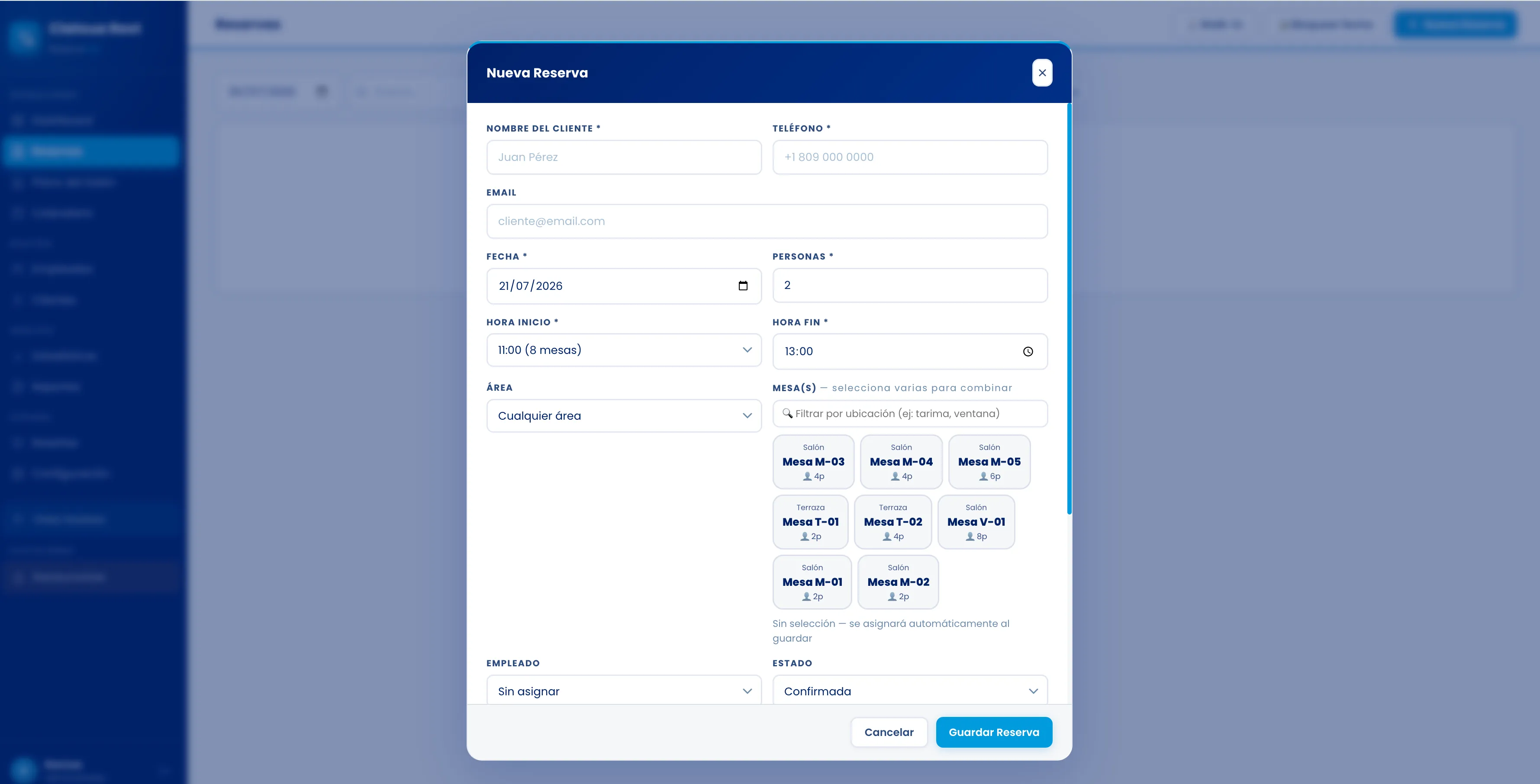 Calendario mensual de reservas de ReservaTab, con las reservas marcadas por día y hora.
